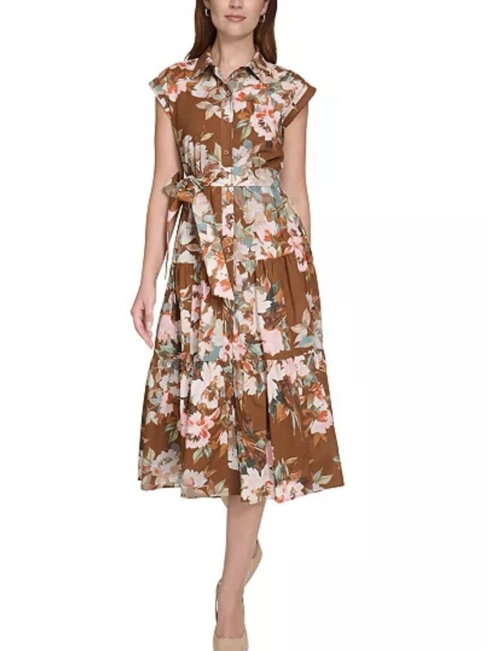 Calvin Klein Brown Floral Cotton Tie-Waist Tiered Midi Shirtdress Plus Size 18